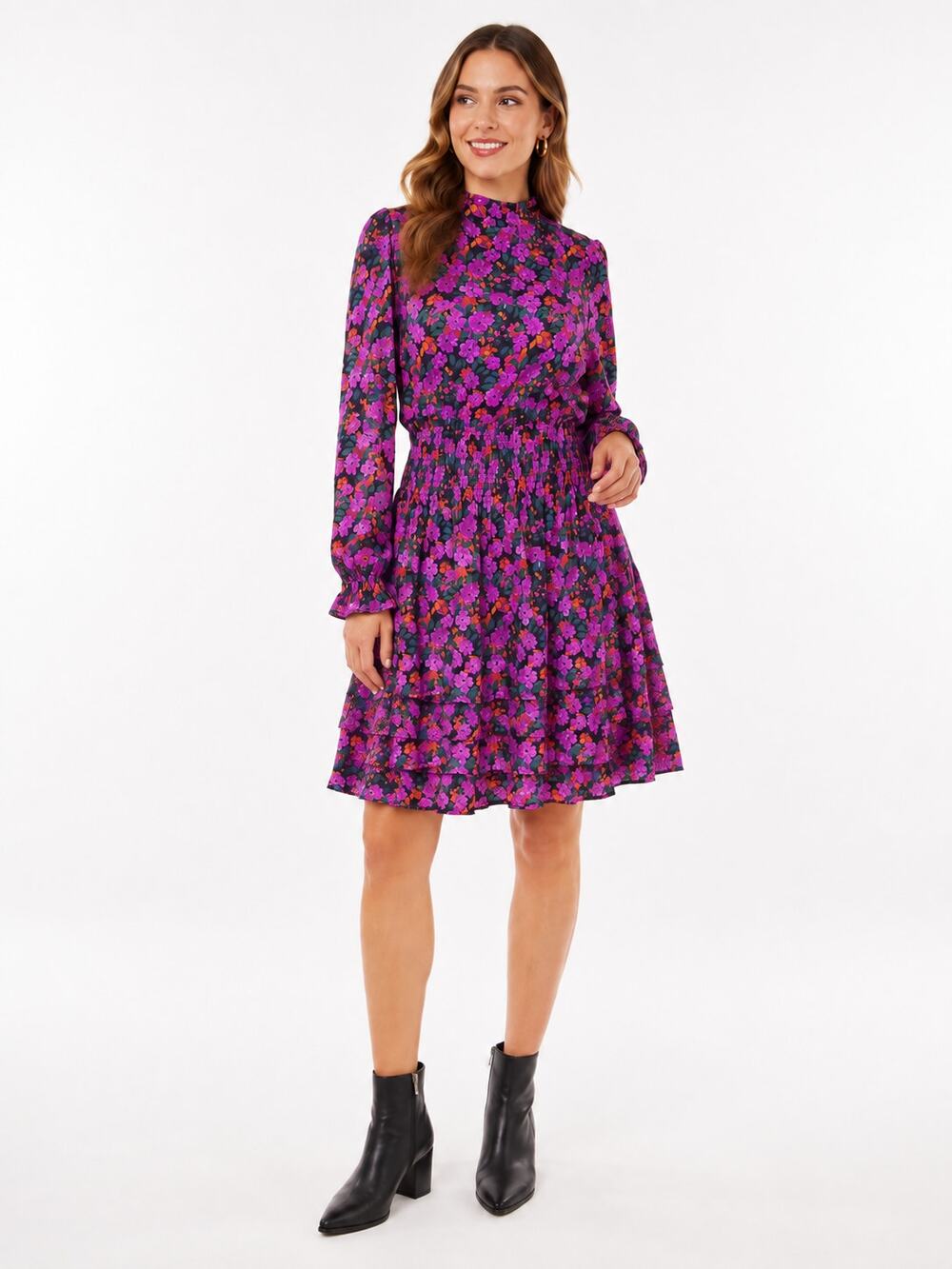 THML Purple Floral Smocked Waist Dress Med. Tiered Ruffle Long Sleeve Fall Boho